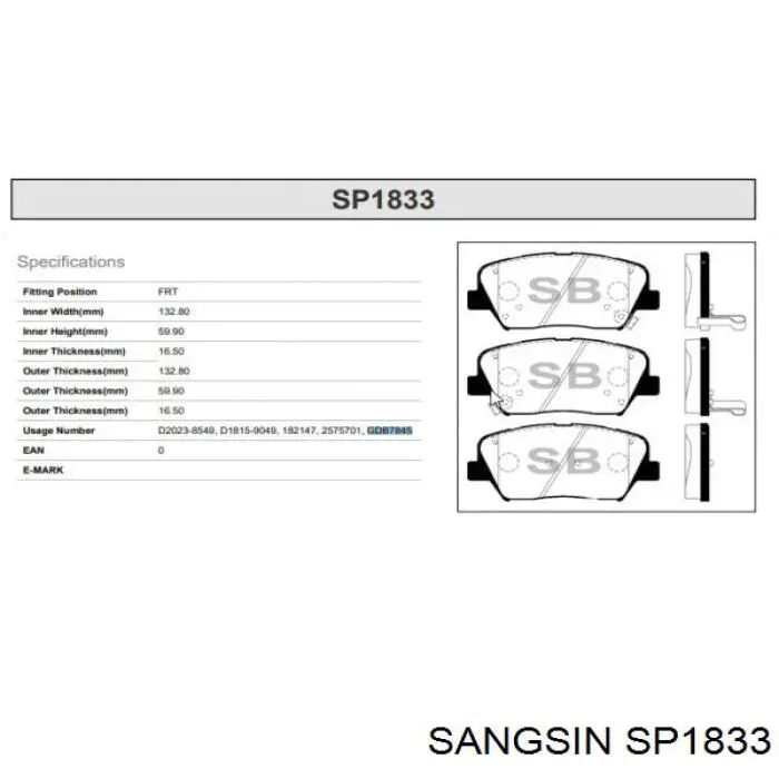Klocki hamulcowe przednie tarczowe Sangsin SP1833 cena, od 29,33 USD