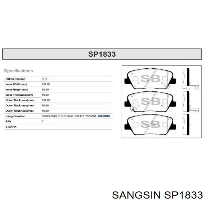 Klocki hamulcowe przednie tarczowe SP1833 Sangsin