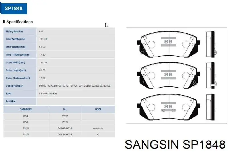 Do koszyka SP1848 Sangsin Klocki hamulcowe przednie tarczowe