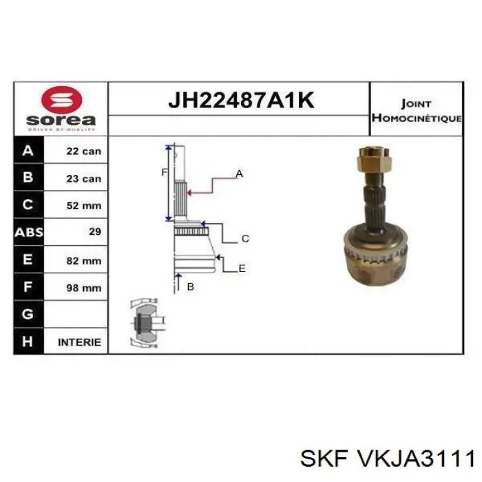 Do koszyka VKJA3111 SKF Przegub homokinetyczny przedni zewnętrzny