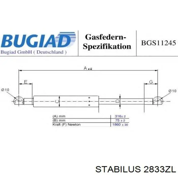2833ZL Stabilus Amortyzator klapy bagażnika (3/5 drzwi-tylnych)