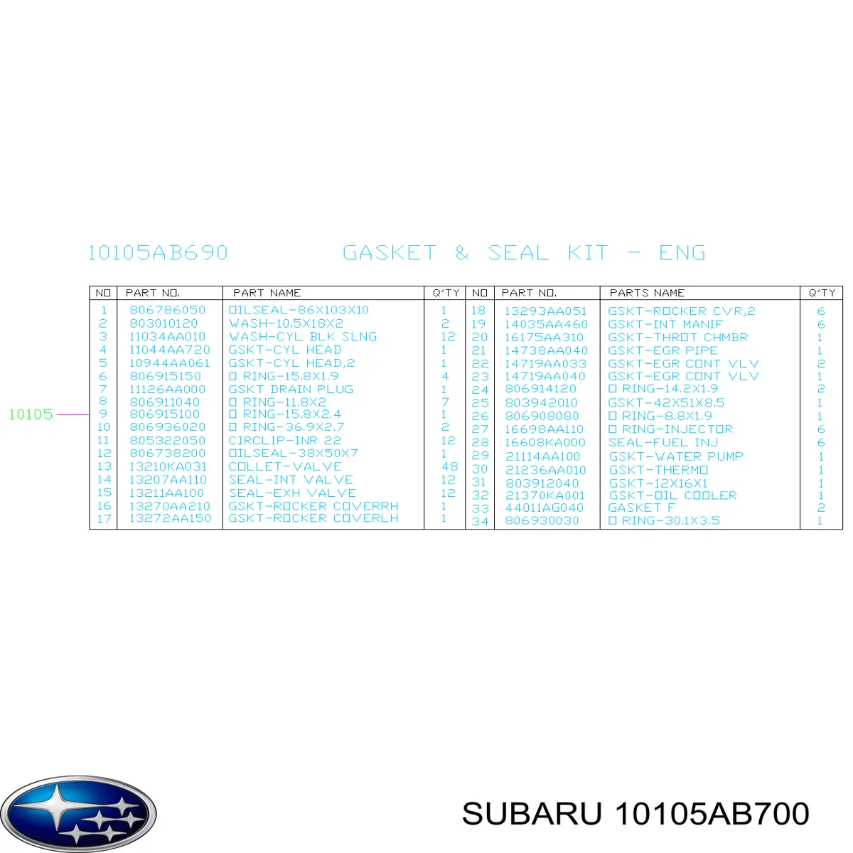 10105AB700 Subaru Zestaw uszczelek silnika pełny