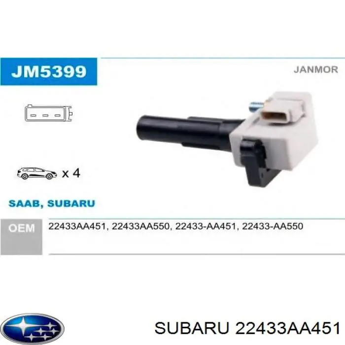 Cewka zapłonowa Subaru 22433AA451 cena, od 45,88 USD
