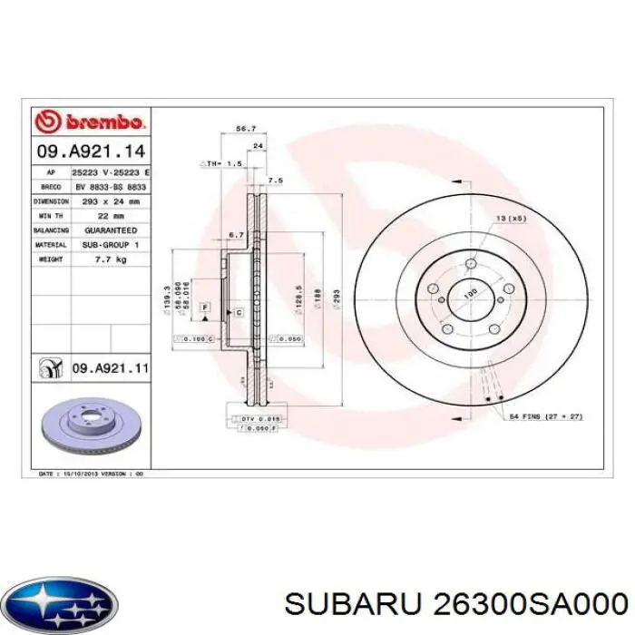 Do koszyka 26300SA000 Subaru Tarcza hamulcowa przednia