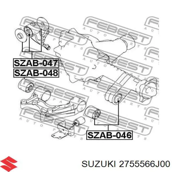 Do koszyka 2755566J00 Suzuki Silentblock trawersu do mocowania przedniego reduktora lewy