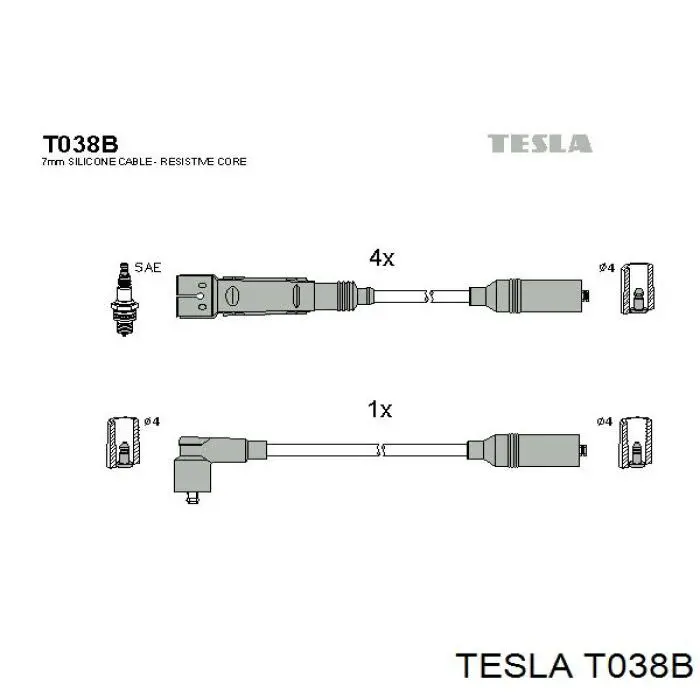T038B Tesla Zestaw przewodów wysokiego napięcia