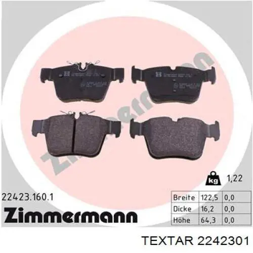 Okładziny (klocki) do hamulców tarczowych tylne Textar 2242301 cena, od 34,37 USD
