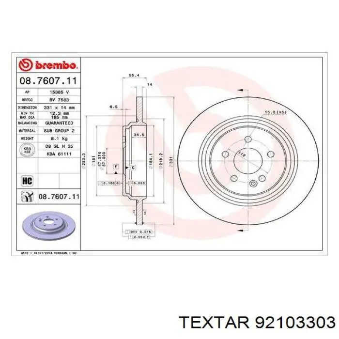 Tarcza hamulcowa tylna Textar 92103303 cena, od 59,13 USD