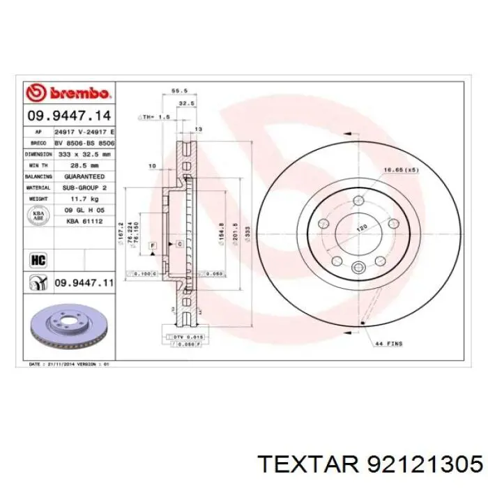 92121305 Textar Tarcza hamulcowa przednia