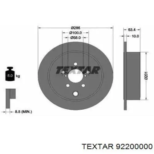 Tarcza hamulcowa tylna Textar 92200000 cena, od 49,28 USD