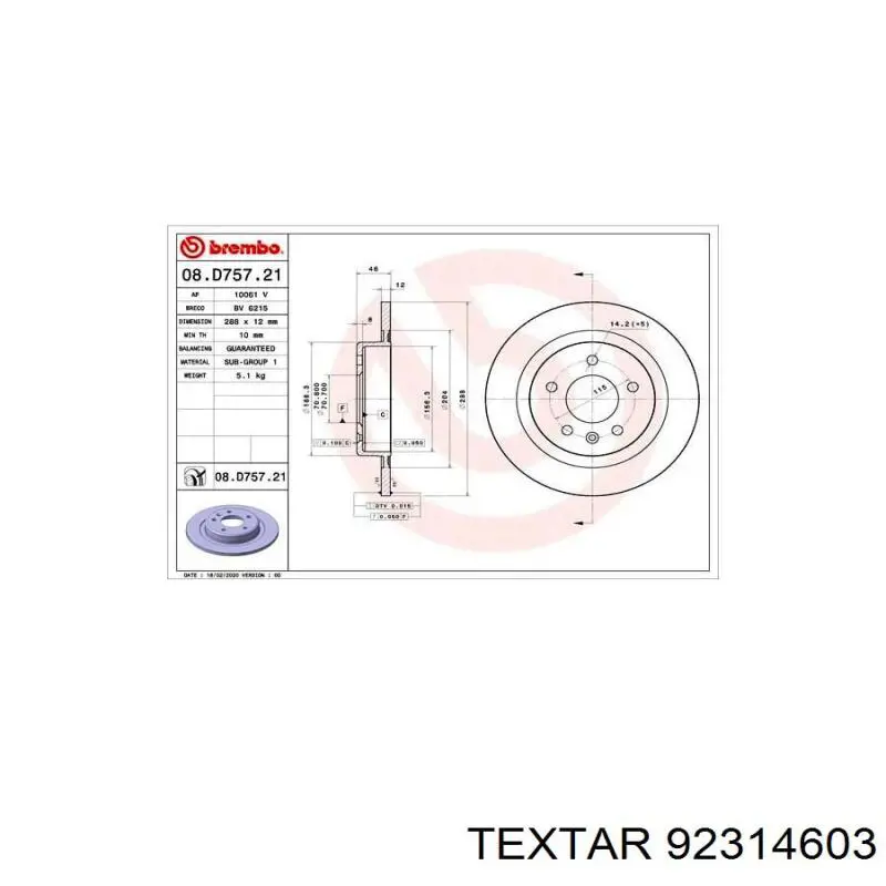 92314603 Textar Tarcza hamulcowa tylna