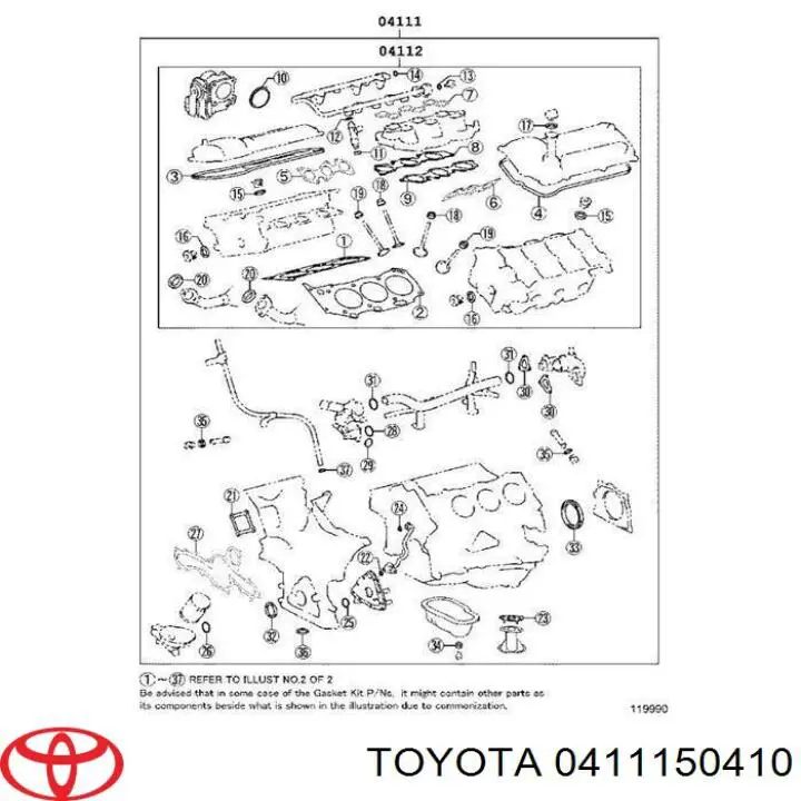 0411150410 Toyota Zestaw uszczelek silnika pełny
