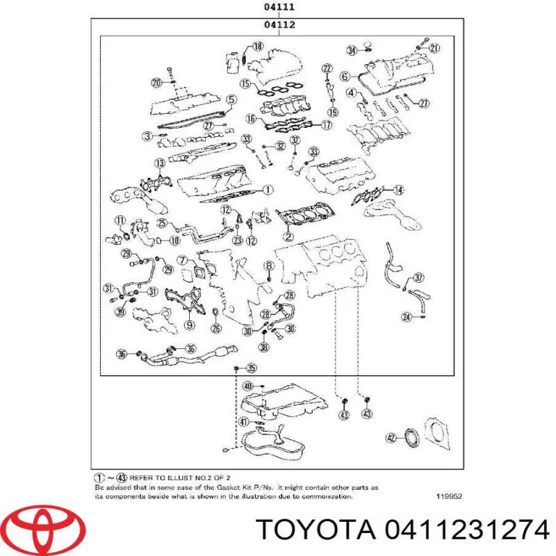 0411231270 Toyota zestaw uszczelek silnika górny