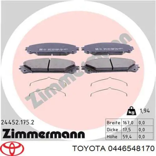 Do koszyka 0446548170 Toyota Klocki hamulcowe przednie tarczowe
