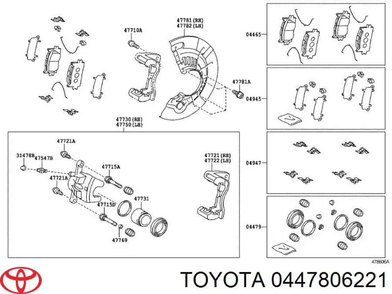 Do koszyka 0447806221 Toyota Zestaw naprawczy zacisku hamulcowego przedniego