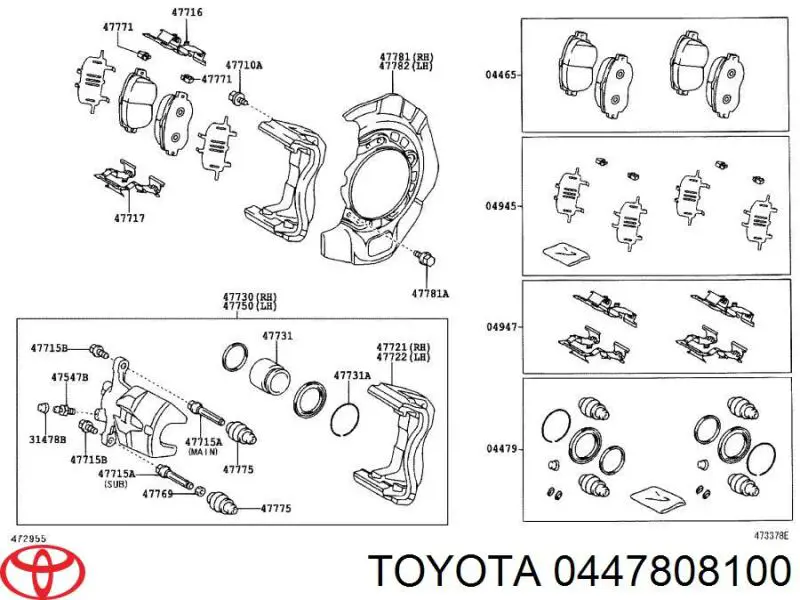 Zestaw naprawczy zacisku hamulcowego przedniego Toyota 0447808100 cena, od 336,33 USD