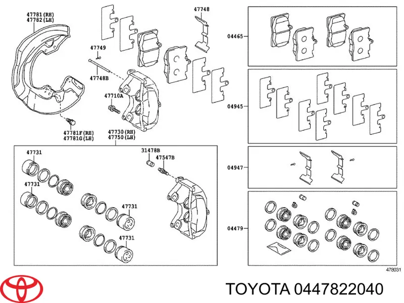 Zestaw naprawczy zacisku hamulcowego przedniego Toyota 0447822040 cena, od 12,38 USD