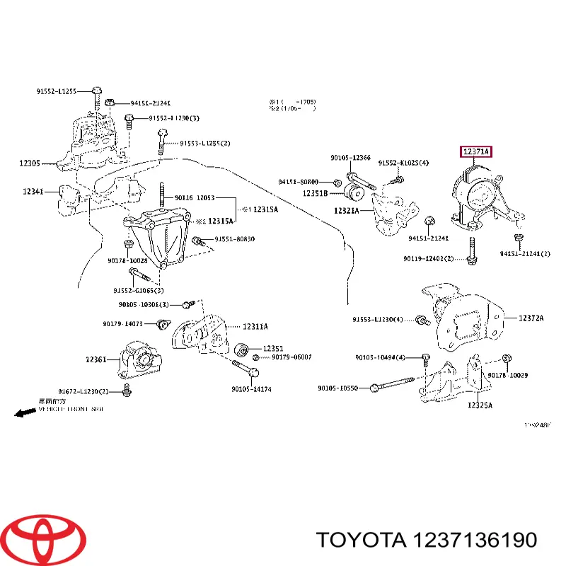1237136190 Toyota Poduszka (podpora) silnika tylna