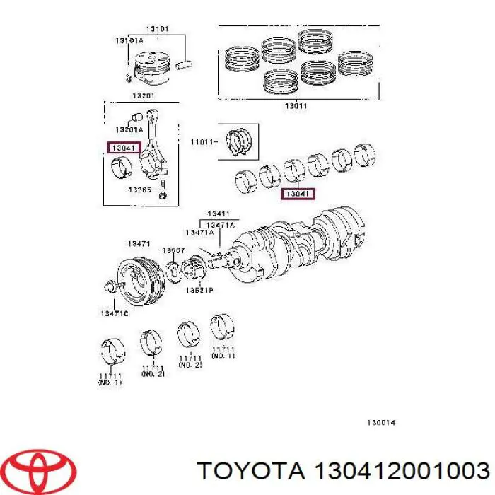 130412001003 Toyota panewki główne wału korbowego, zestaw, 1. naprawa (+0,25)