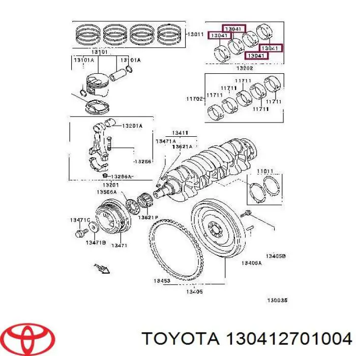 130412701004 Toyota Panewki główne wału korbowego, zestaw, 1. naprawa (+0,25)