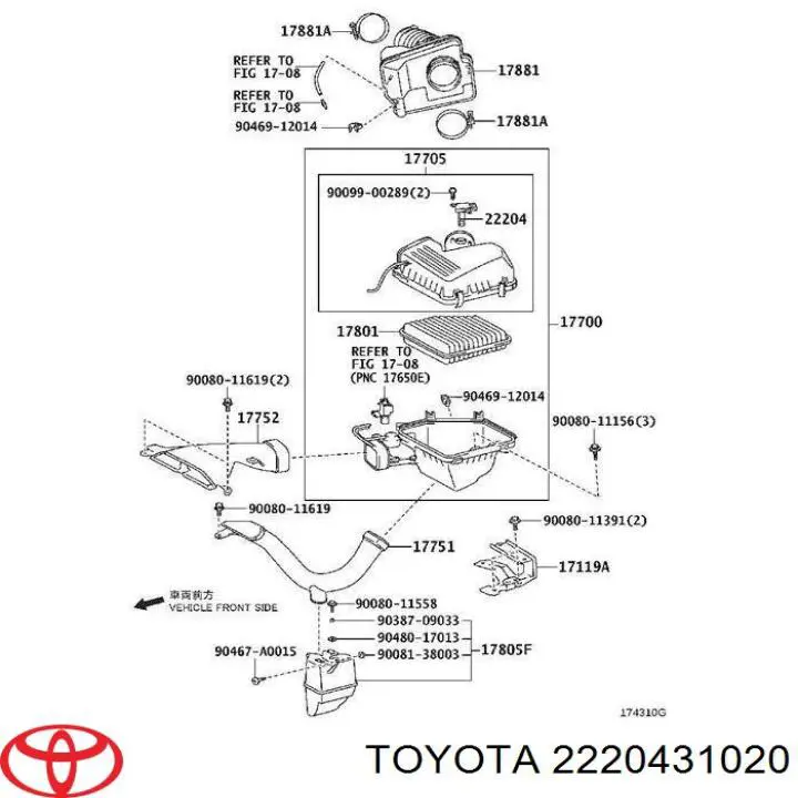 2220431020 Toyota Czujnik przepływu powietrza, przepływomierz powietrza M.A.F.