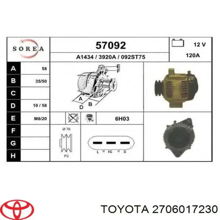 Do koszyka 2706017230 Toyota Alternator