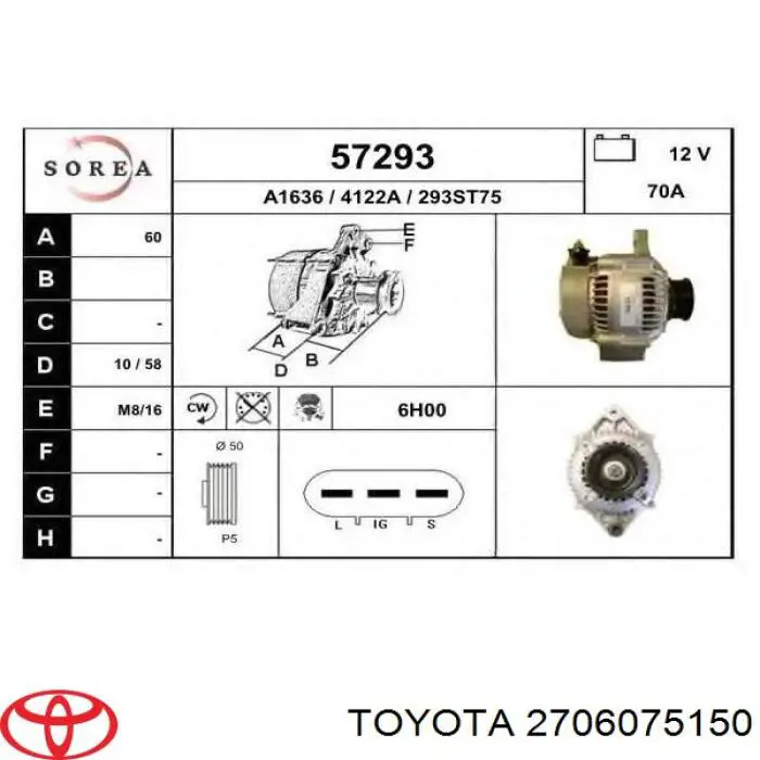 Alternator Toyota 2706075150 cena, od 238,11 USD