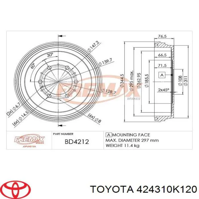 Do koszyka 424310K120 Toyota Bęben hamulcowy tylny