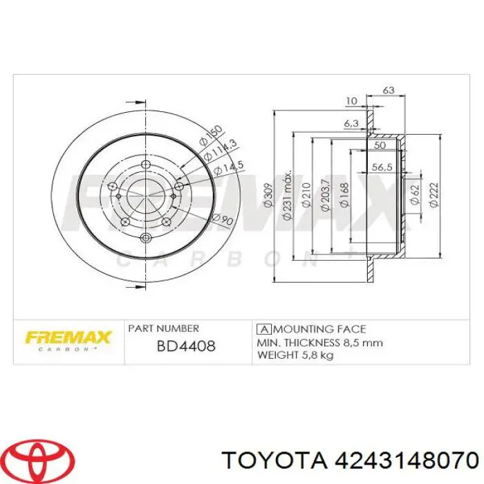 Do koszyka 4243148070 Toyota Tarcza hamulcowa tylna