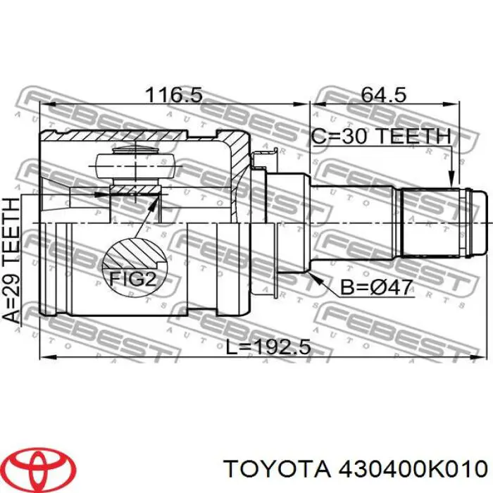 Do koszyka 430400K010 Toyota Przegub homokinetyczny przedni wewnętrzny