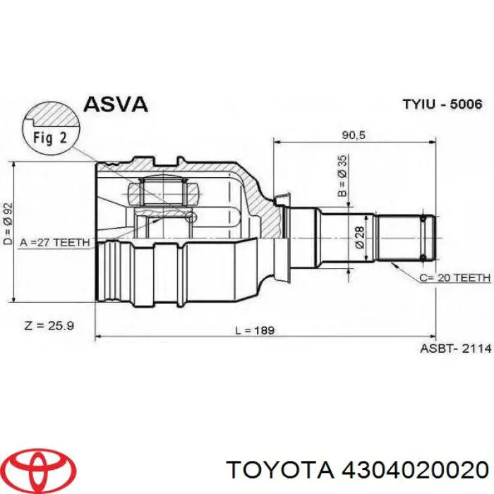 Przegub homokinetyczny wewnętrzny przedni lewy Toyota 4304020020 cena, od 57,10 USD
