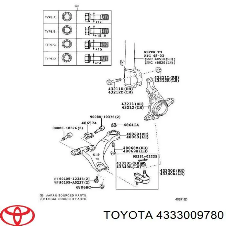 4333009780 Toyota sworzeń wahacza dolny prawy