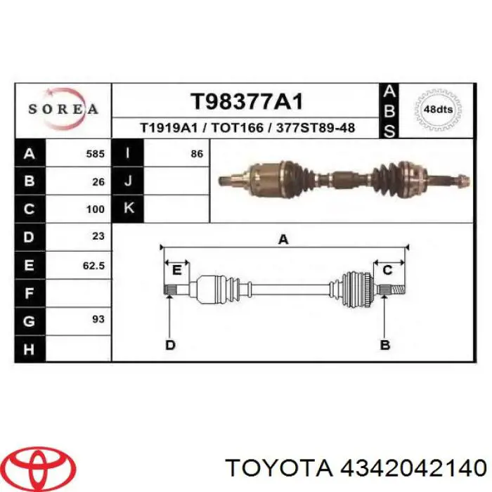Półoś napędowa przednia lewa Toyota 4342042140 cena, od 139,61 USD