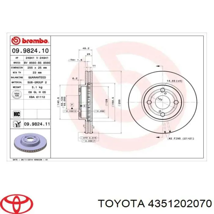 4351202070 Toyota Tarcza hamulcowa przednia