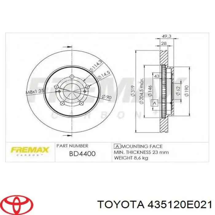 Do koszyka 435120E021 Toyota Tarcza hamulcowa przednia