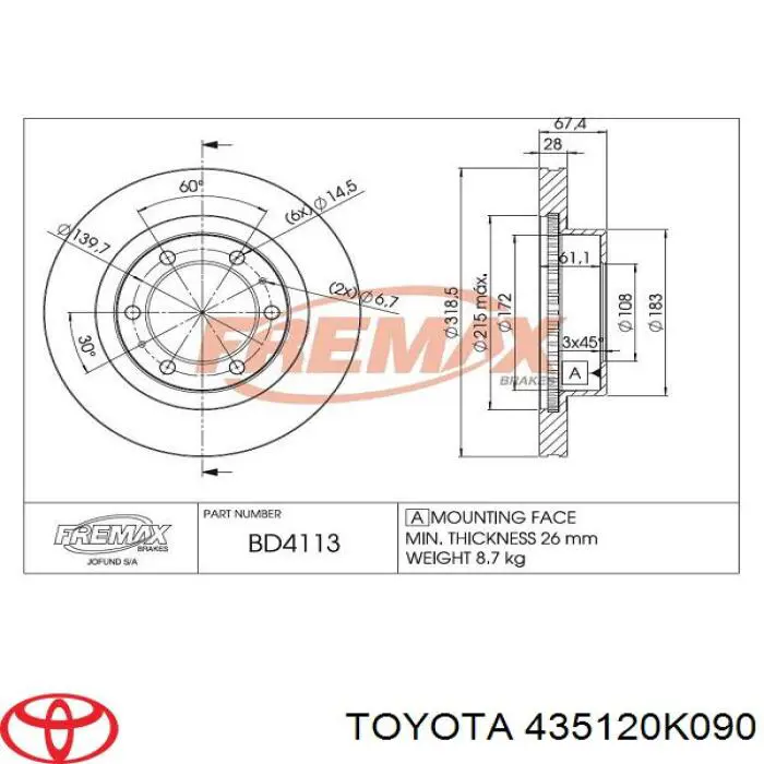 435120K090 Toyota tarcza hamulcowa przednia