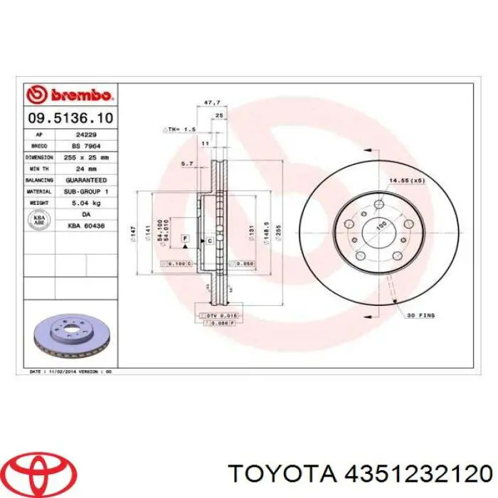 Do koszyka 4351232120 Toyota Tarcza hamulcowa przednia