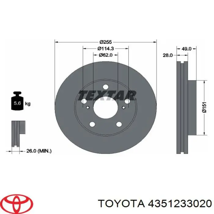 Do koszyka 4351233020 Toyota Tarcza hamulcowa przednia