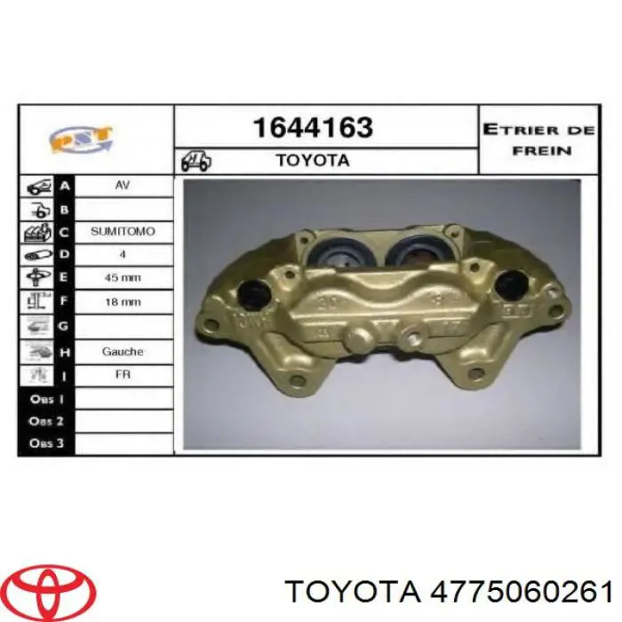 Do koszyka 4775060261 Toyota Zacisk hamulcowy przedni lewy