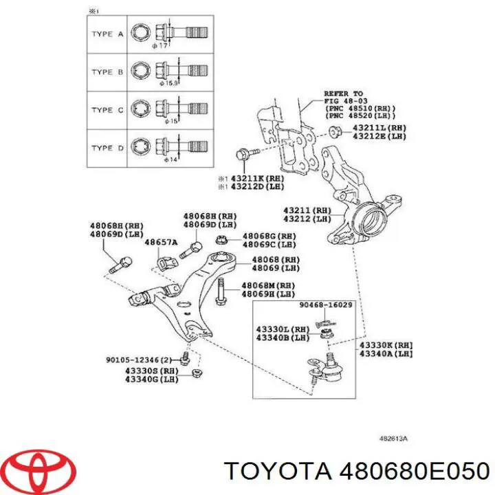 Wahacz zawieszenia przedniego dolny prawy Toyota 480680E050 cena, od 62,49 USD
