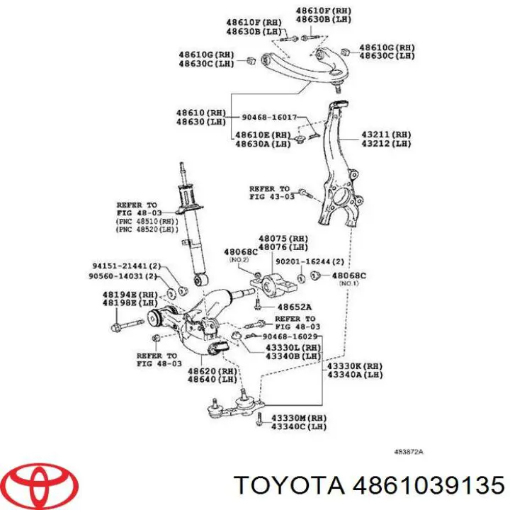 Wahacz zawieszenia przedniego górny lewy/prawy Toyota 4861039135 cena, od 365,08 USD