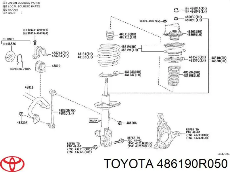 486190R050 Toyota Łożysko podporowe amortyzatora przedniego