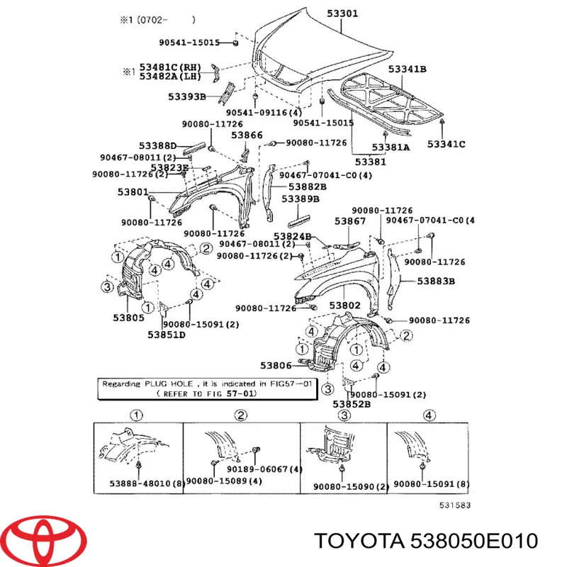 Do koszyka 5380548021 Toyota Nadkole błotnika przedniego prawe