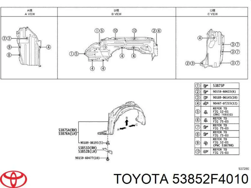 53852F4010 Toyota chlapacz zderzaka przedniego lewy