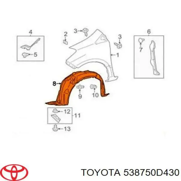 Nadkole błotnika przedniego prawe Toyota 538750D430 cena, od 112,73 USD