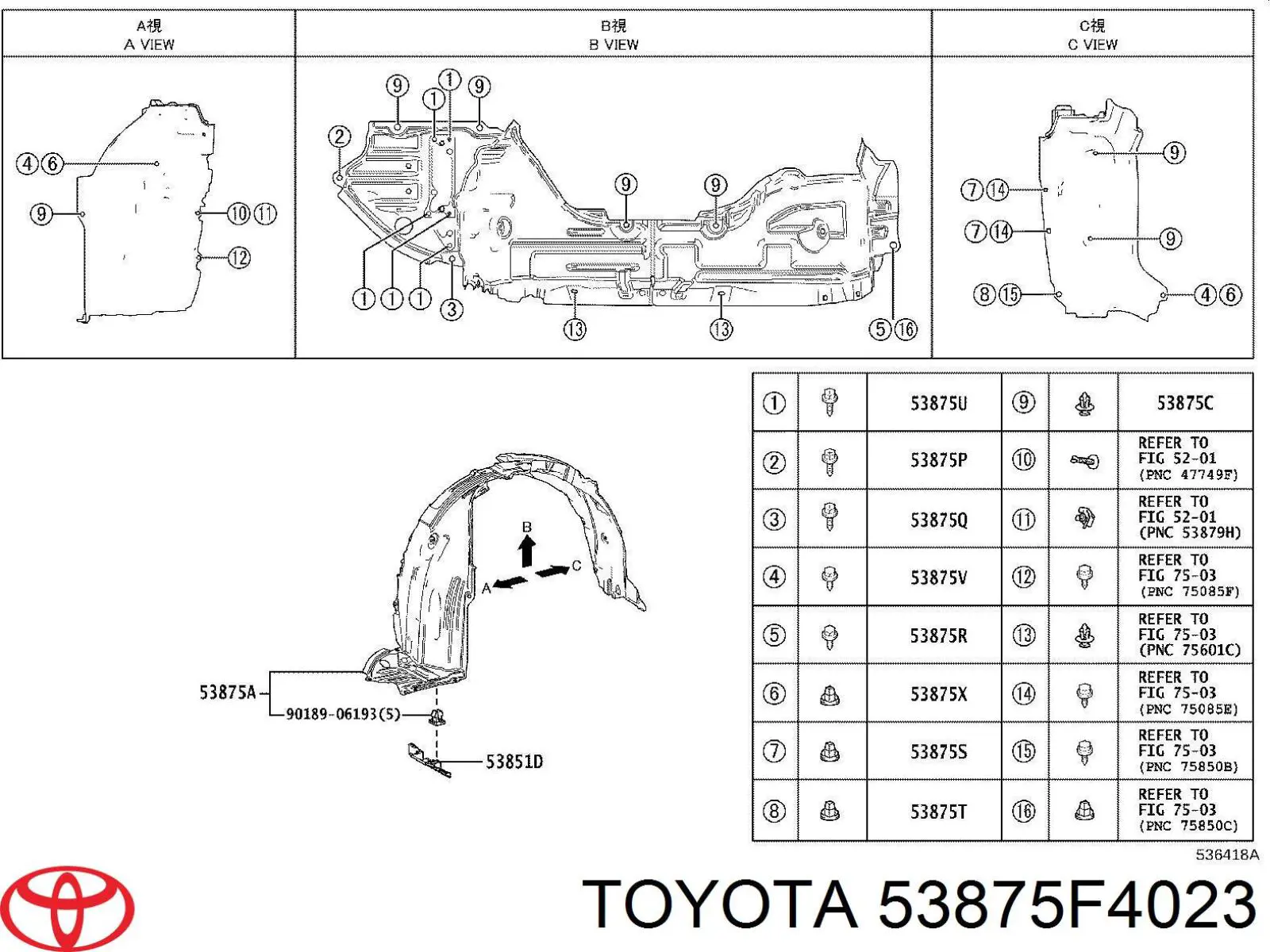 Nadkole błotnika przedniego prawe Toyota 53875F4021 cena, od 39,28 USD