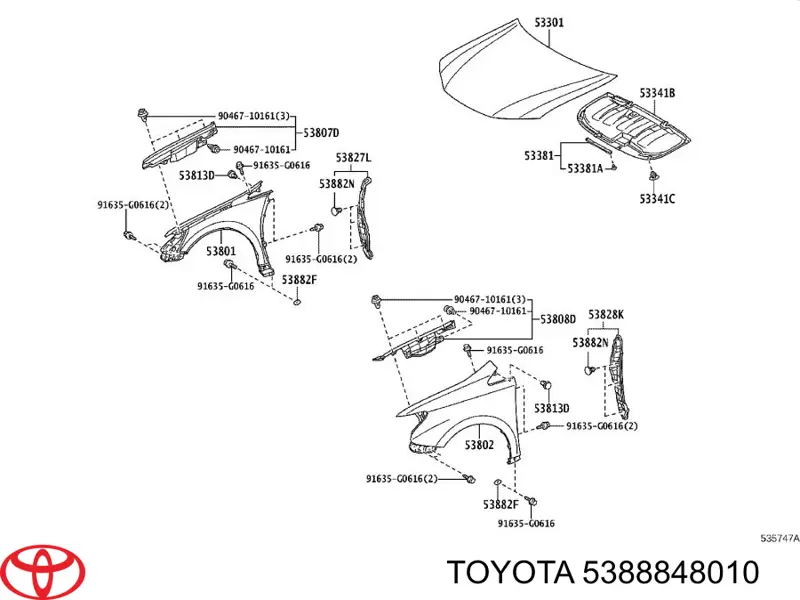 Spinka mocowania nadkola przedniego Toyota 5388848010 cena, od 2,35 USD