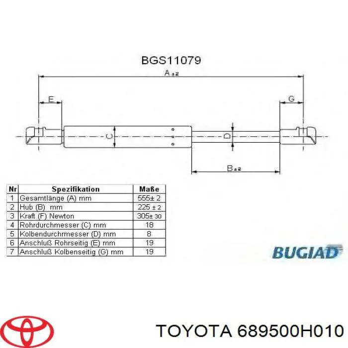 Do koszyka 689500H010 Toyota Amortyzator klapy bagażnika (3/5 drzwi-tylnych)