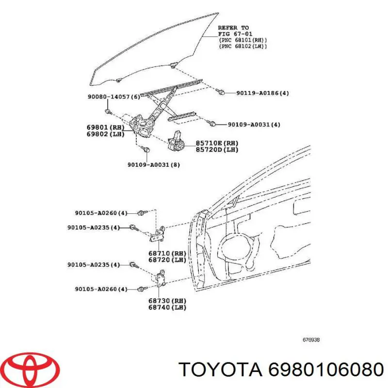 6980106080 Toyota mechanizm podnoszenia szyby drzwi przednich prawych