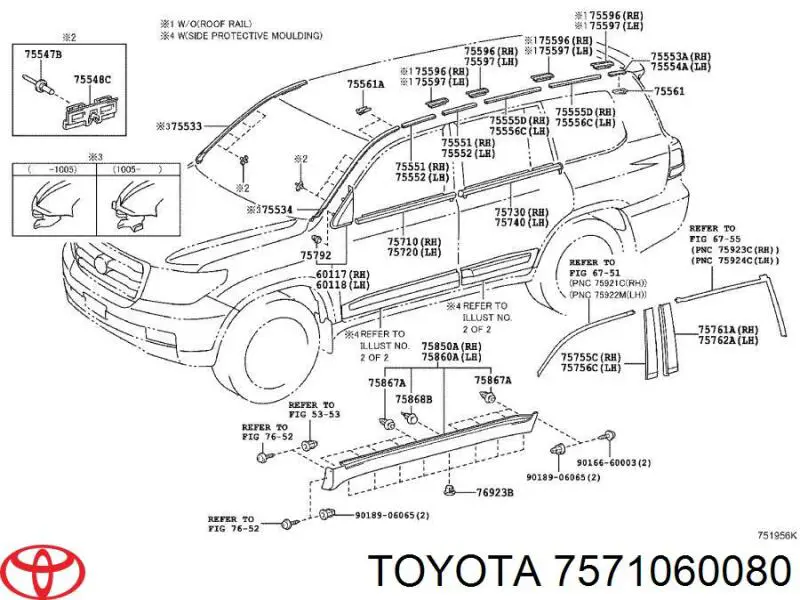 7571060080 Toyota Listwa ochronna szyby drzwi przednich prawych